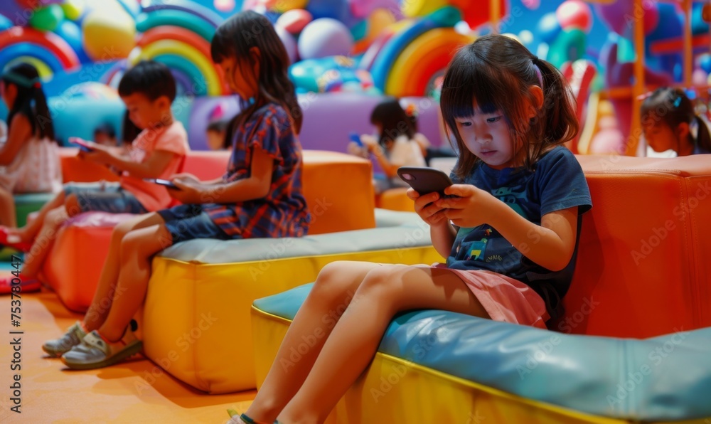 A thought-provoking image depicting children engrossed in their phones A thought-provoking image depicting children engrossed in their phones