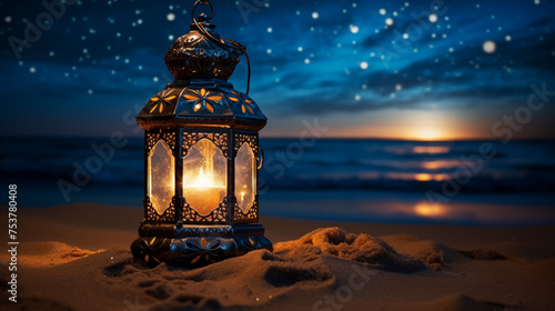 Ornamental Arabic lantern with burning candle glowing at night. Festive greeting card  invitation for Muslim holy month Ramadan Kareem.