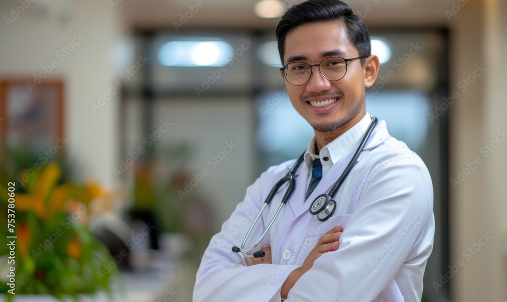 Portrait of happy friendly male doctor medical worker wearing white coat with stethoscope Portrait of happy friendly male doctor medical worker wearing white coat with stethoscope