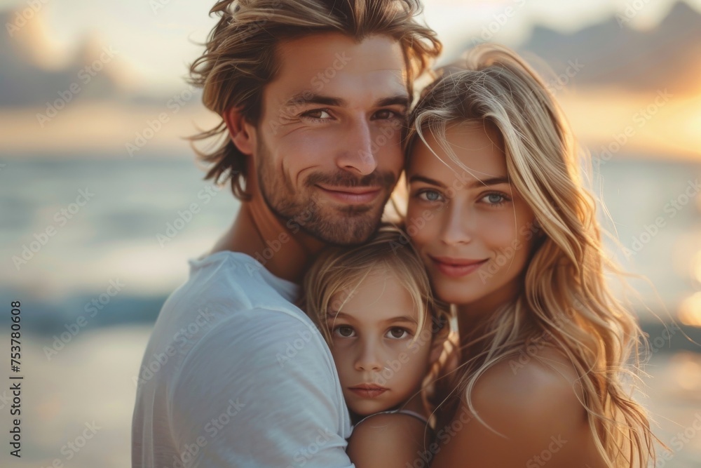 An affectionate family of three enjoys a tender moment with a soft-focus beach sunset background An affectionate family of three enjoys a tender moment with a soft-focus beach sunset background