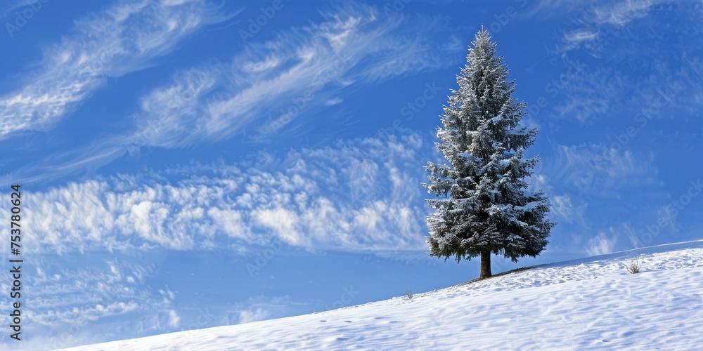 A snow covered pine tree stands alone in a field
