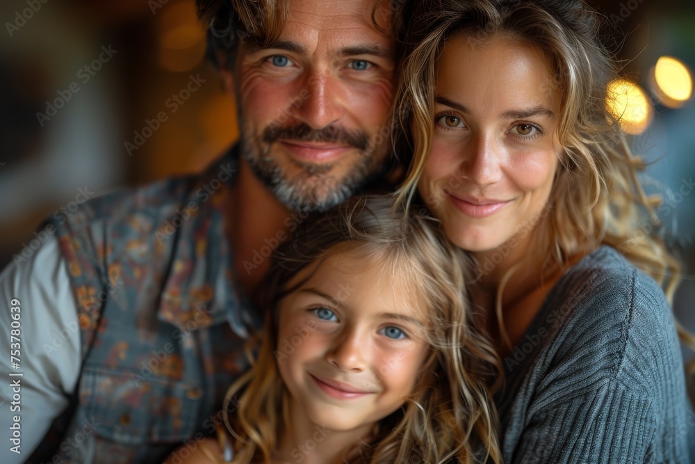 A smiling family of three enjoys a cozy moment indoors with a warm and inviting bokeh backdrop A smiling family of three enjoys a cozy moment indoors with a warm and inviting bokeh backdrop