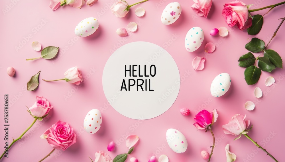 text written in the center of a white circle "HELLO APRIL" on a pastel pink background Generative AI - obrazy, fototapety, plakaty 