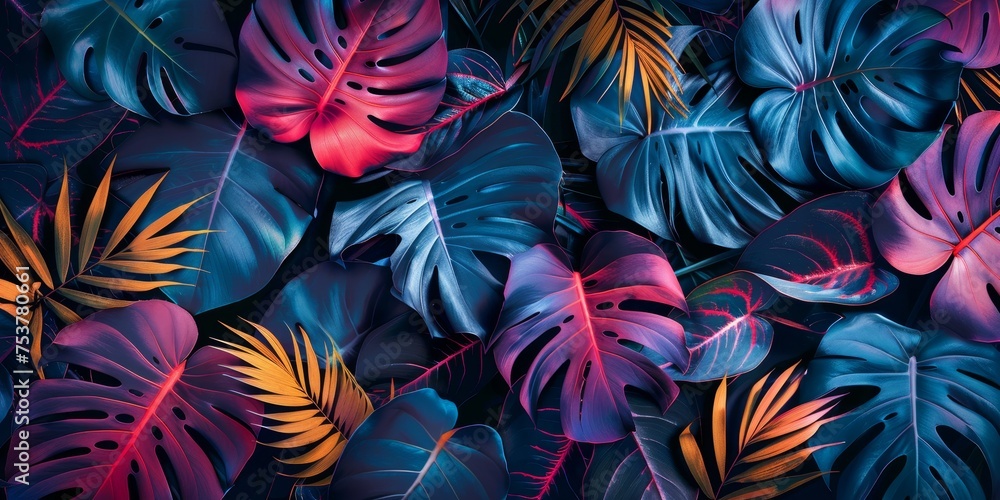 A colorful background of leaves with a blue and orange leaf in the foreground A colorful background of leaves with a blue and orange leaf in the foreground