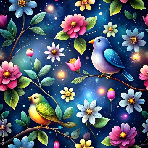 Colorful Birds and Flowers on a Starry Background