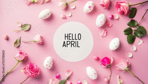 text written in the center of a white circle "HELLO APRIL" on a pastel pink background Generative AI