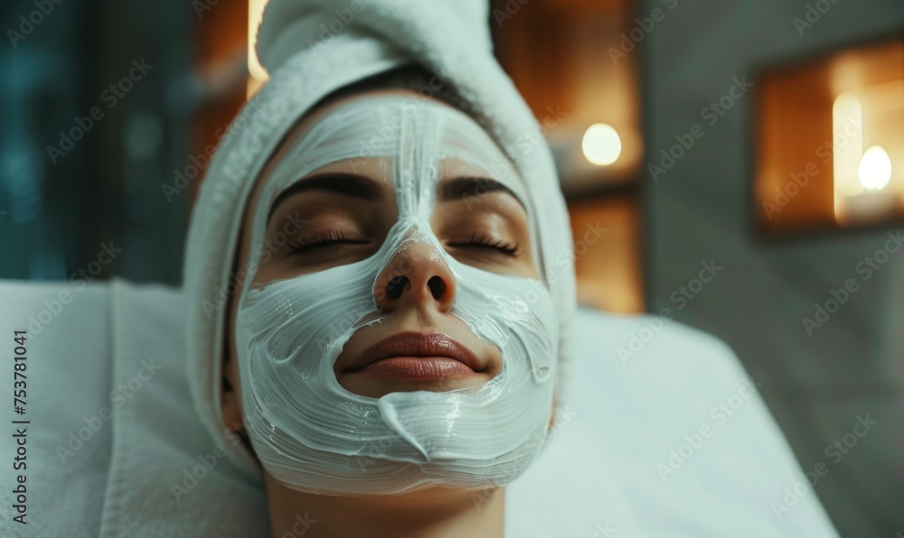 Blissful expression of a woman receiving a facial mask treatment in a serene spa environment Blissful expression of a woman receiving a facial mask treatment in a serene spa environment