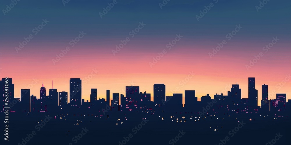 A city skyline at sunset with a purple sky