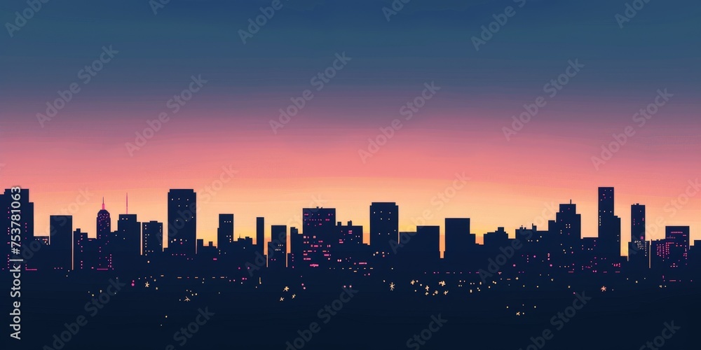 A city skyline at sunset with a purple sky A city skyline at sunset with a purple sky