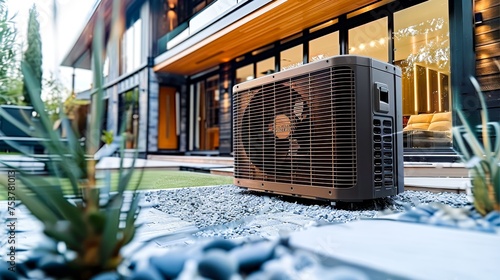 Heat pump outside a home, front view. Generative AI.