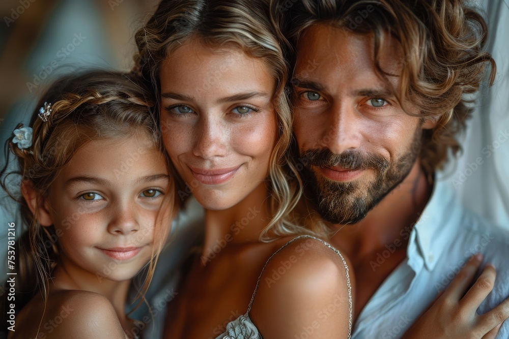 A family portrait featuring a glamorous woman with an enchanting smile, alongside a man and a young girl A family portrait featuring a glamorous woman with an enchanting smile, alongside a man and a young girl