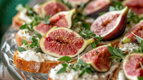 a close up of a platter of food with figs and goat cheese on top of toasted bread.