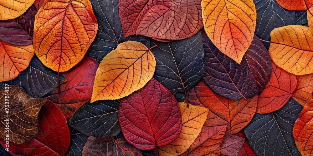 A close up of many different colored leaves, including red, orange, and brown
