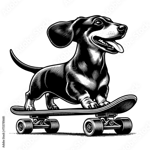 Happy Dachshund riding a skate. Hand Drawn Pen and Ink. Vector Isolated in White. Engraving vintage style illustration for print, tattoo, t-shirt, sticker	