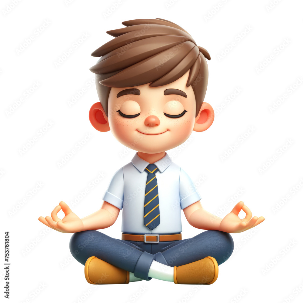 3d cute schoolboy meditating, 3d clipart, 3d character. 