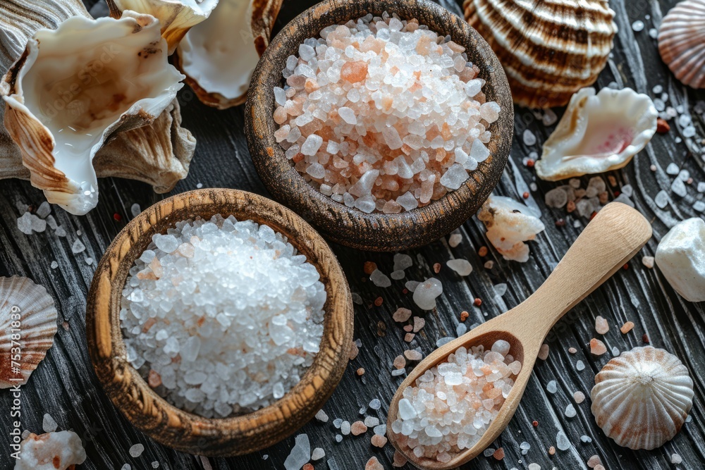 Clay ceramic bowls with himalayan kitchen white, pink and green salt. Concept of care in spa salons or ritual traditions Clay ceramic bowls with himalayan kitchen white, pink and green salt. Concept of care in spa salons or ritual traditions