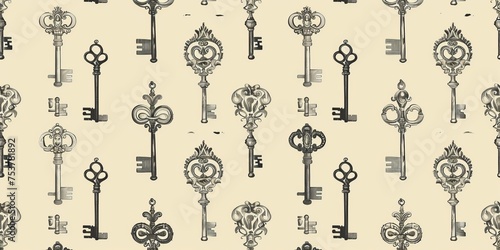 A pattern of keys is shown in black and white photo