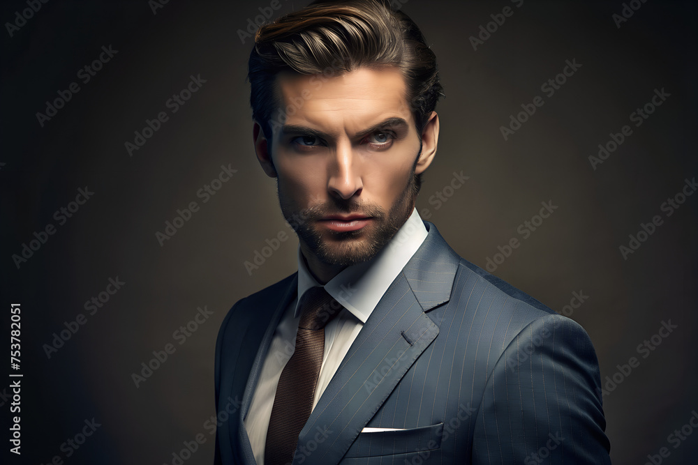 portrait of confident male model in fashionable suit, tie and white shirt on the dark isolated background portrait of confident male model in fashionable suit, tie and white shirt on the dark isolated background