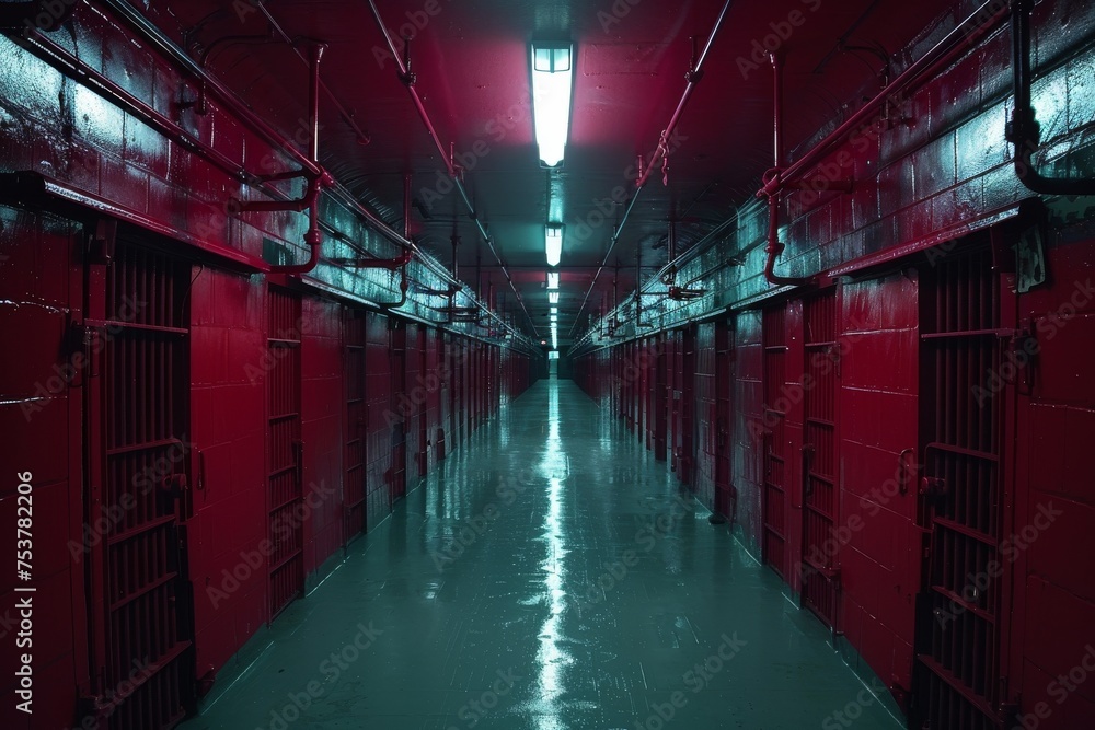Fototapeta premium This haunting image captures an empty prison corridor bathed in red light with a glossy wet floor reflecting the grim environment