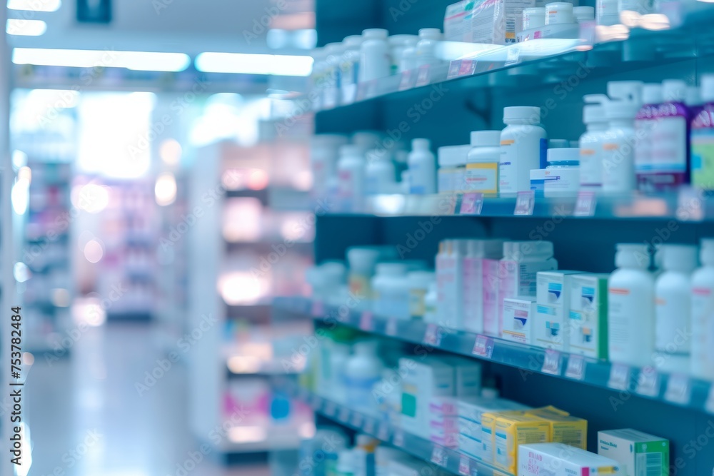 Blurred image of shelves in a pharmacy with selective focus on medicines. Pharmacological business, health, medicine and healing concept