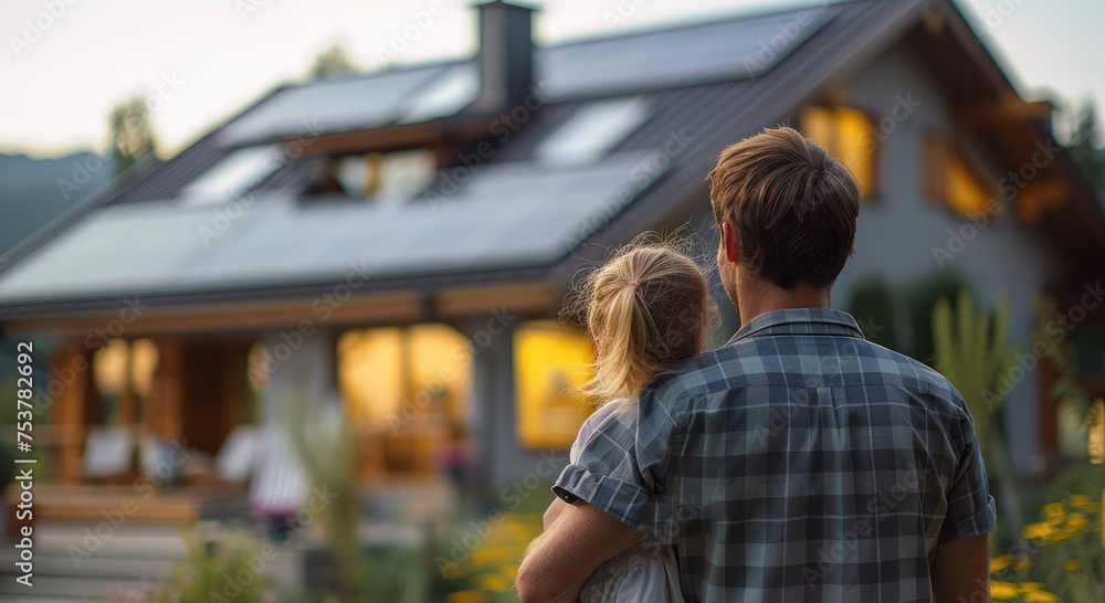 Dad with little girl standing on front house with installed solar panels. Alternative energy, sustainable lifestyle concept. Generative AI.