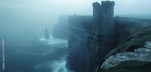 Close exterior view of an ancient stone tower on a misty cliff overlooking the ocean, background color: slate gray