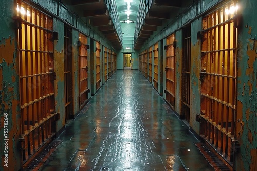 Wallpaper Mural An evocative image of a deserted vintage prison hallway with symmetrically aligned cell doors and flaking paint Torontodigital.ca