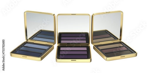 Compact eyeshadow palettes in gold boxes on transparent background