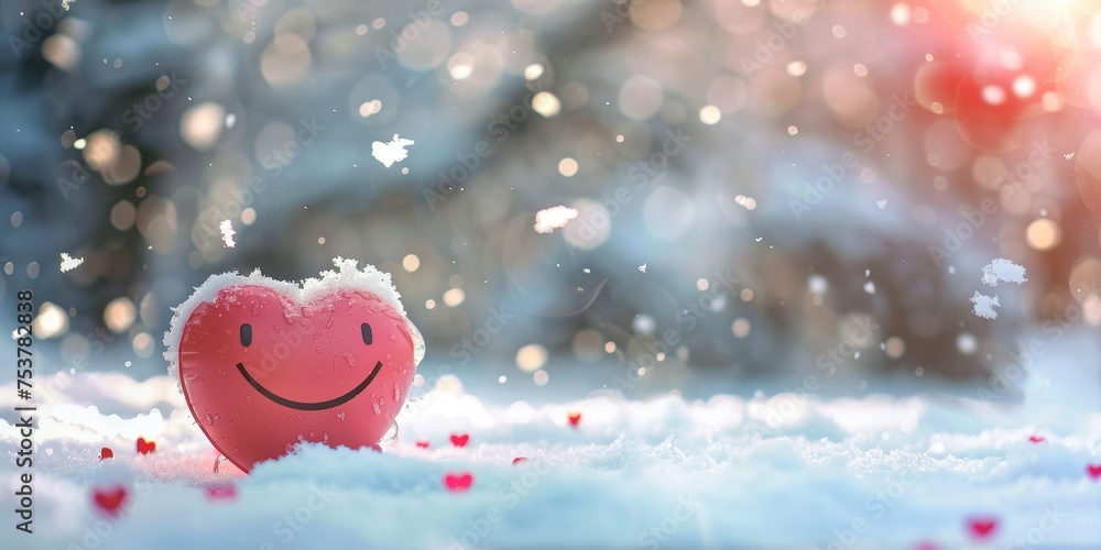 A red heart with a smiley face is sitting on top of a snowy field