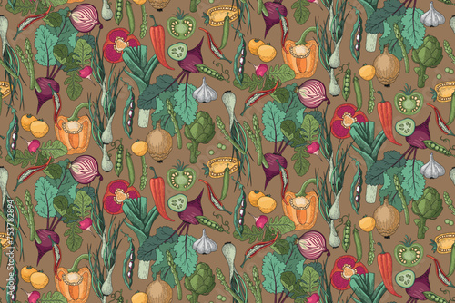 Seamless vector pattern of vegetables. Peppers, beets, greens, peas, tomatoes, cucumbers and other vegetables on a neutral warm background. A pattern for the design of packaging, wrapping paper, and f