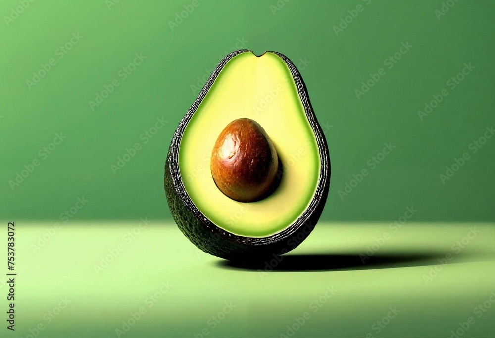 Fresh organic avocado with leaves on green background. Vegetarian food concept.