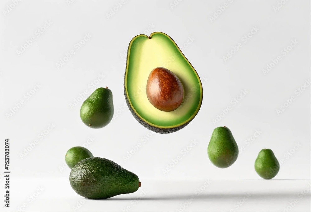Many fresh organic avocado fly in the air on white background. Levitation Avocado clipping path.Vegetarian food concept.
