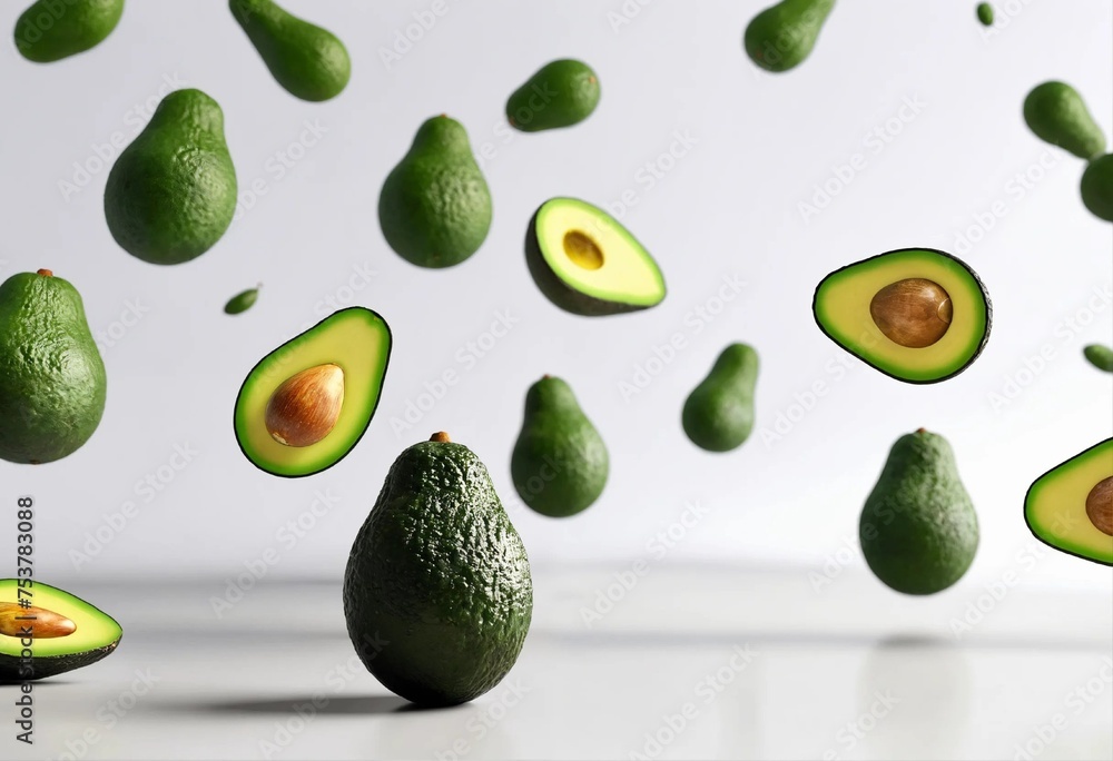 Many fresh organic avocado fly in the air on white background. Levitation Avocado clipping path.Vegetarian food concept. Many fresh organic avocado fly in the air on white background. Levitation Avocado clipping path.Vegetarian food concept.