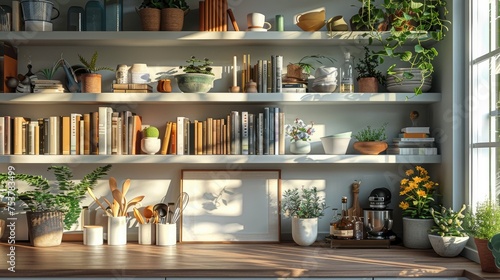A typical shelving in a house setting. Generative AI. © visoot