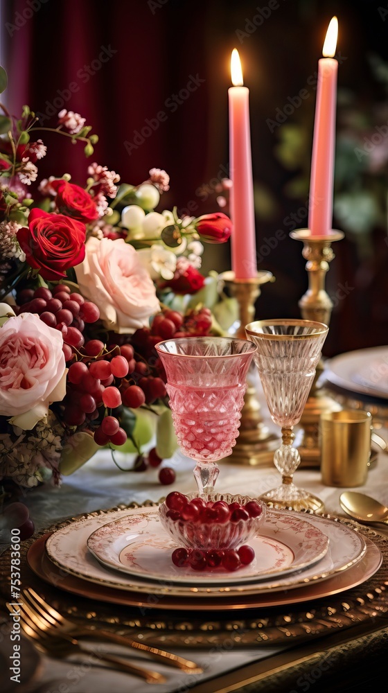 Festive table setting with plates, candles and floral bouquet. Food Illustration Festive table setting with plates, candles and floral bouquet. Food Illustration