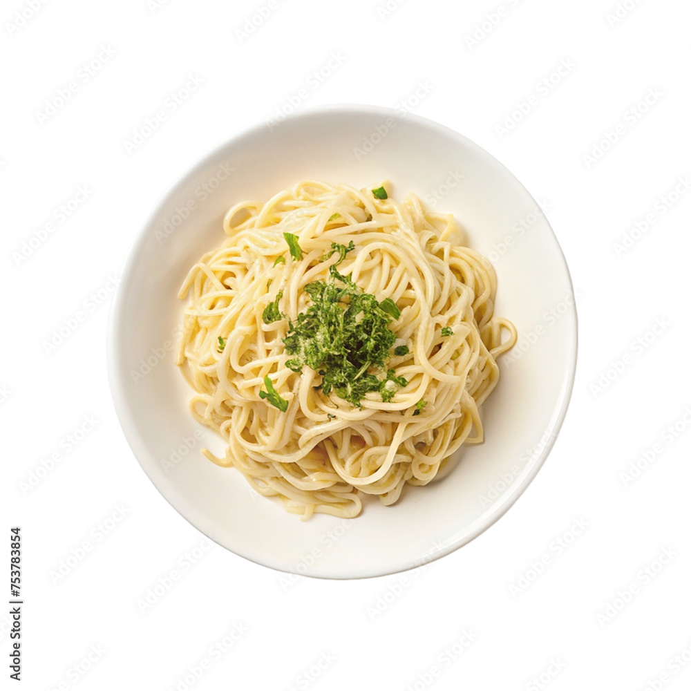 Plate of spaghetti with parsley on transparent background, top view Plate of spaghetti with parsley on transparent background, top view