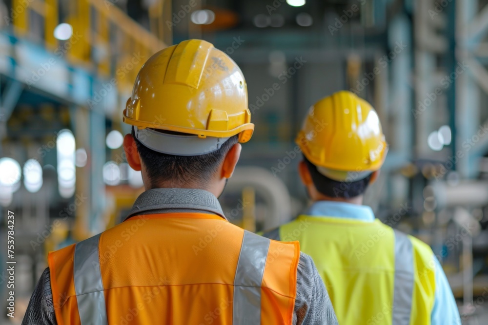Engineers in safety helmet and hi-vis vests stand confidently in an industrial setting, discussing over blurred machinery background Engineers in safety helmet and hi-vis vests stand confidently in an industrial setting, discussing over blurred machinery background