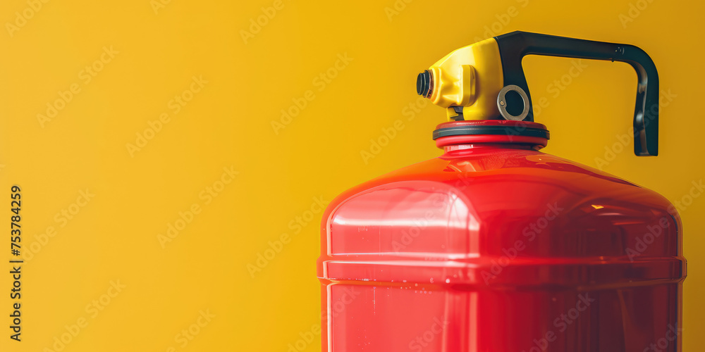 Red Gas can on a simple Background with copy space. Close-up view of gasoline metallic container with a handle and valve. Red Gas can on a simple Background with copy space. Close-up view of gasoline metallic container with a handle and valve.