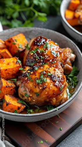 Honey Mustard Glazed Chicken Thighs with Roasted Sweet Potatoes. Food Illustration
