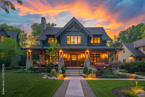 A craftsman house with welcoming outdoor lighting in a suburb with a goldenrod sunset sky