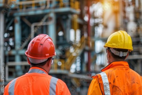 Engineers in safety helmet and hi-vis vests stand confidently in an industrial setting, discussing over blurred machinery background