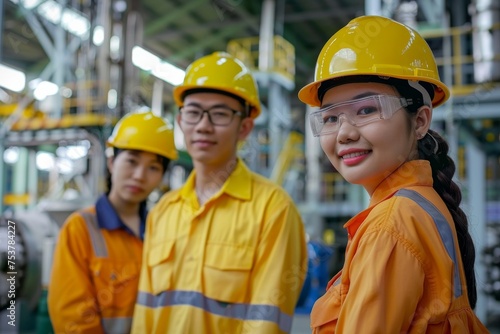 Engineers in safety helmet and hi-vis vests stand confidently in an industrial setting, discussing over blurred machinery background