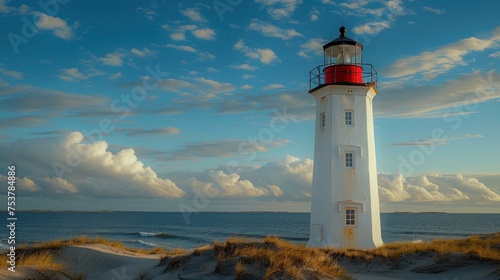 Seaside Lighthouse Tower in State Country: A white beacon on the coast, guiding ships with its light, surrounded by the vast sea, sky, and scenic landscape