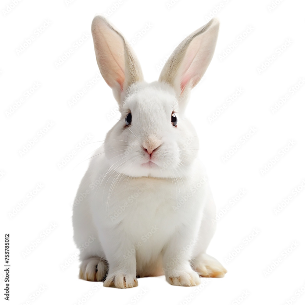 Cute white rabbit sitting and looking at camera isolated on transparent background Cute white rabbit sitting and looking at camera isolated on transparent background