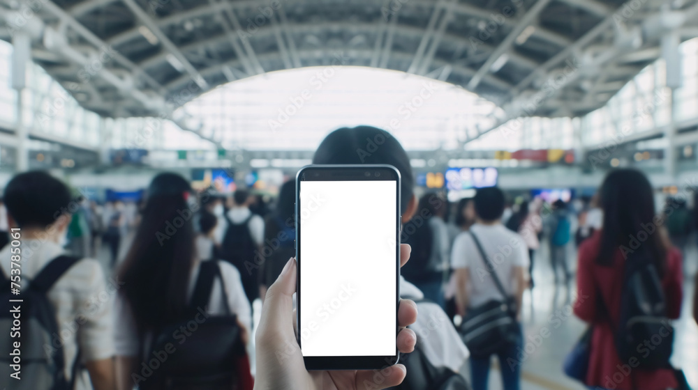 a curious tourist stands clutching a smartphone with a blank, white screen in a foreign city 