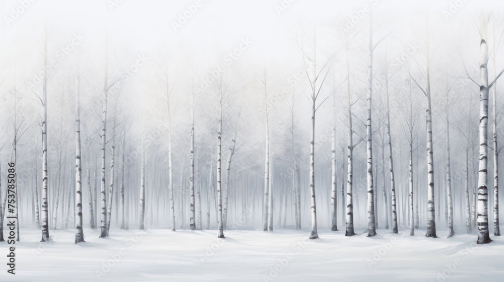 a painting of a snow covered forest with trees in the foreground and a foggy sky in the background. a painting of a snow covered forest with trees in the foreground and a foggy sky in the background.
