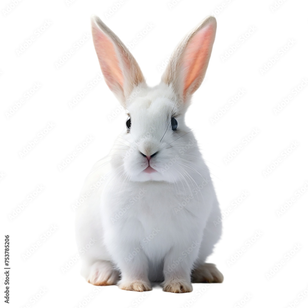 Obraz premium Cute white rabbit sitting and looking at camera isolated on transparent background