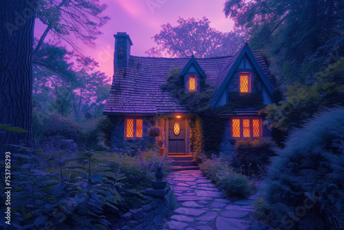 A cottage with fairy-tale outdoor lighting in a garden with a violet dusk sky