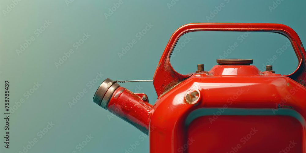 Red Gas can on a simple Background with copy space. Close-up view of gasoline metallic container with a handle and valve.
