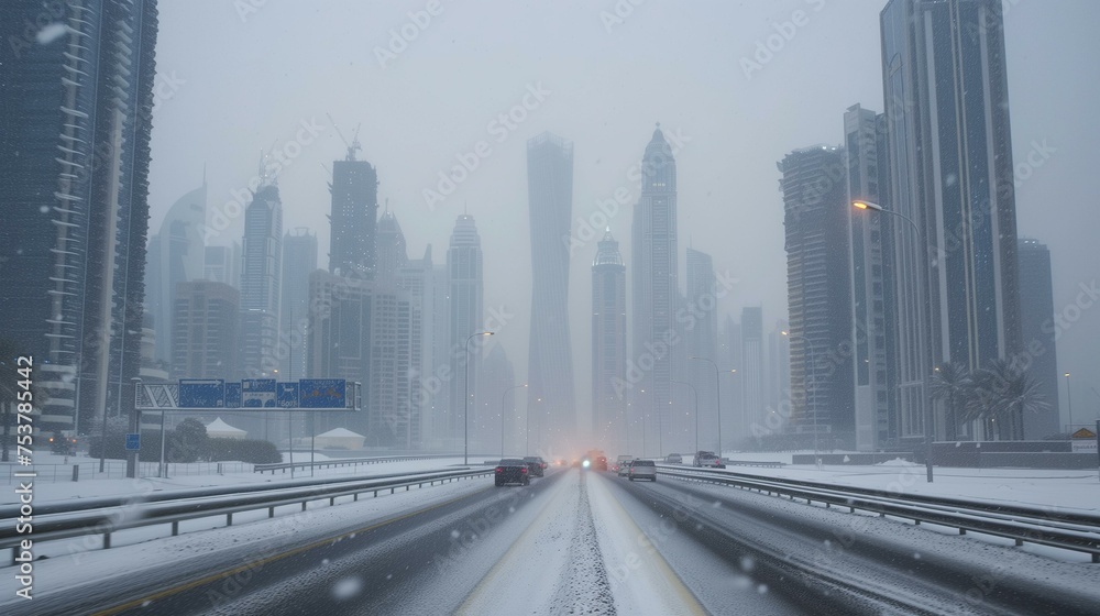 Fototapeta premium Snowy Cityscape with Skyscrapers and Highway